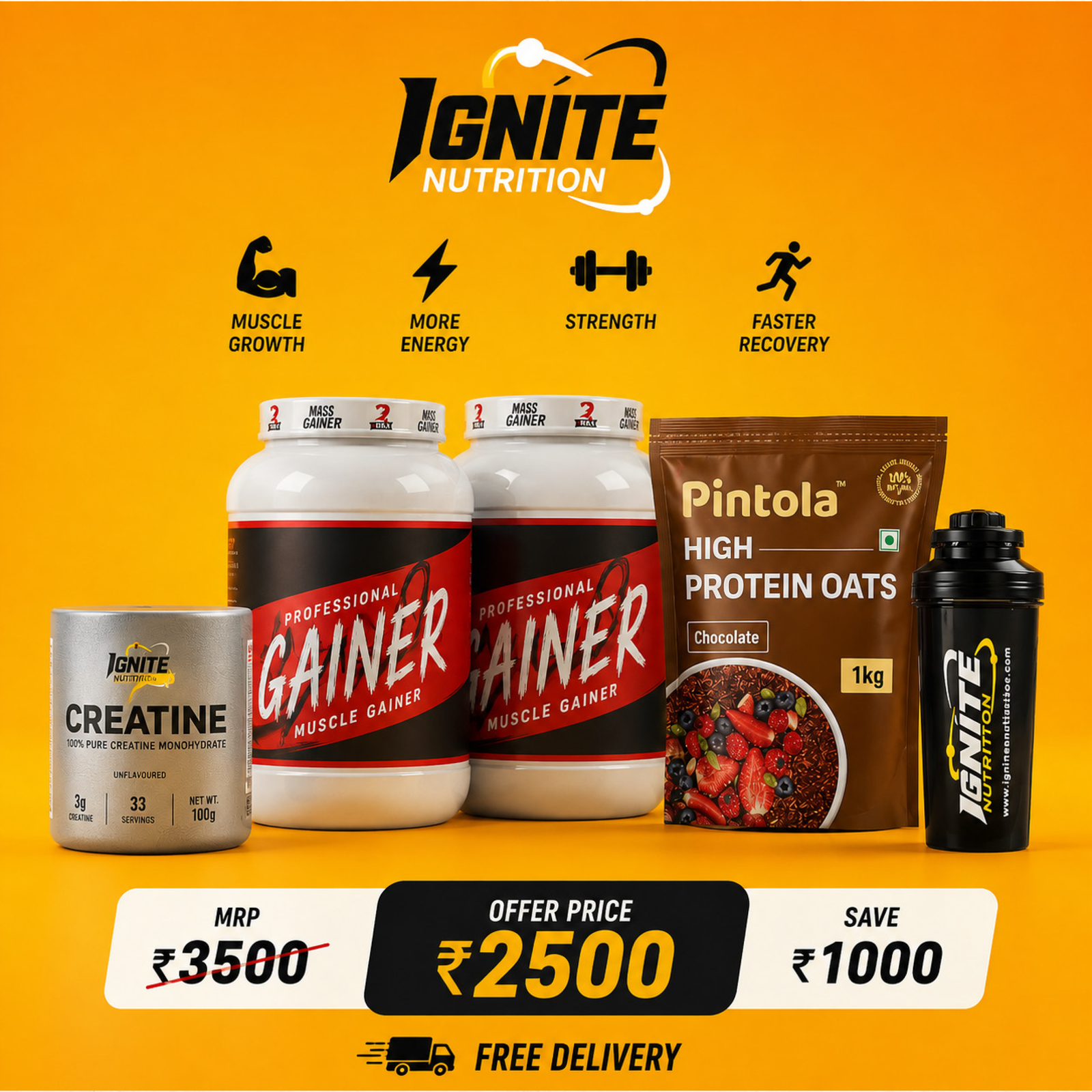 IGNITE Muscle Gain Combo with Mass Gainer Creatine Protein Oats and Shaker