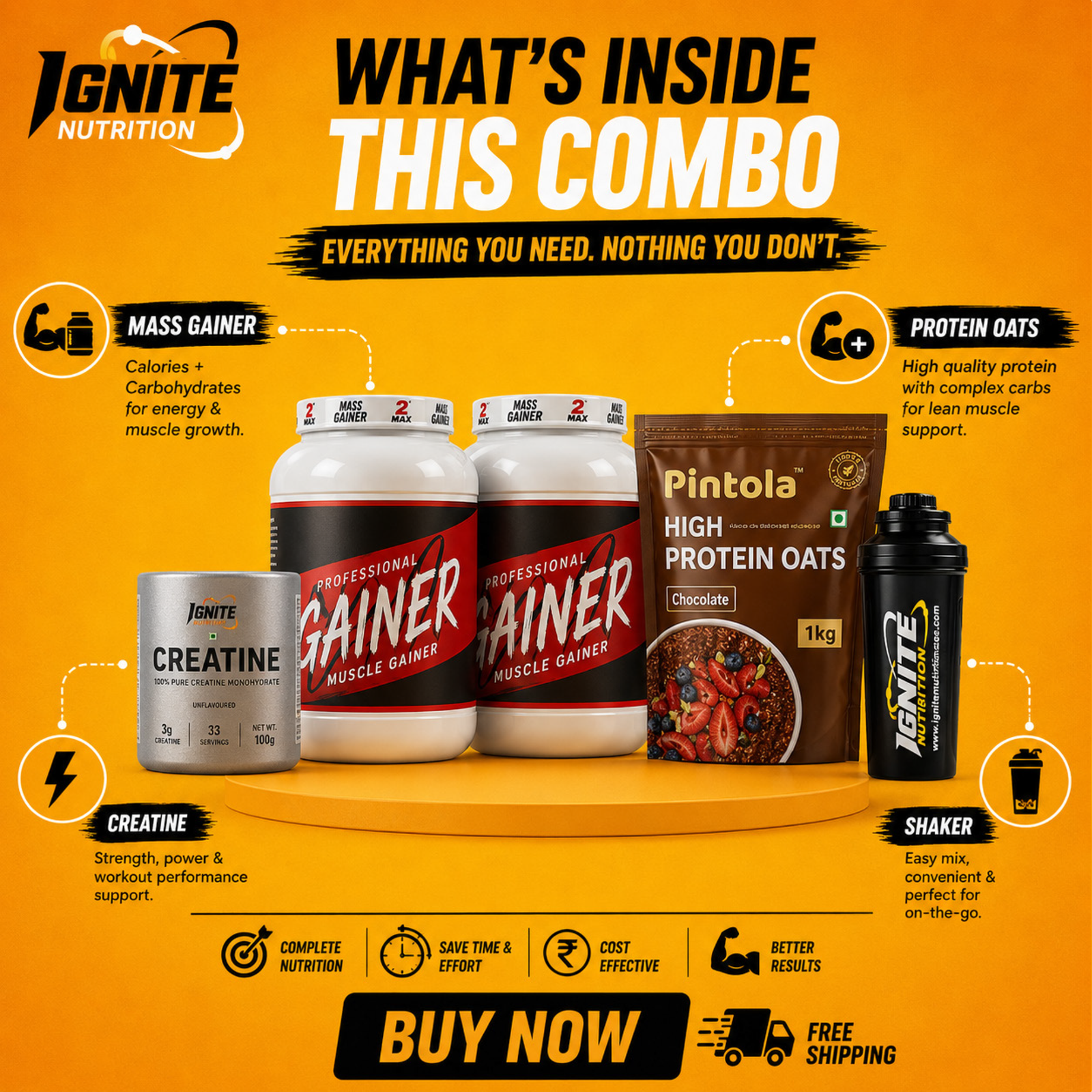 Complete Muscle Gain Combo – Mass Gainer, Creatine, Protein Oats & Shaker - Image 2