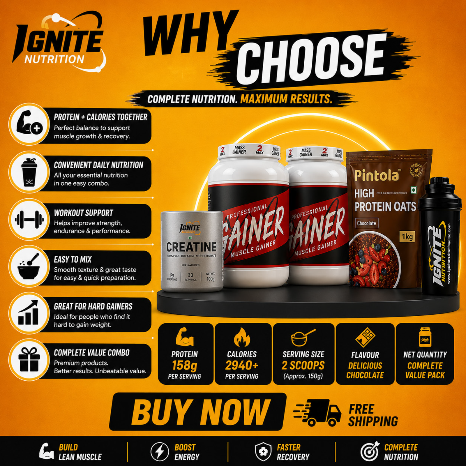 Complete Muscle Gain Combo – Mass Gainer, Creatine, Protein Oats & Shaker - Image 3
